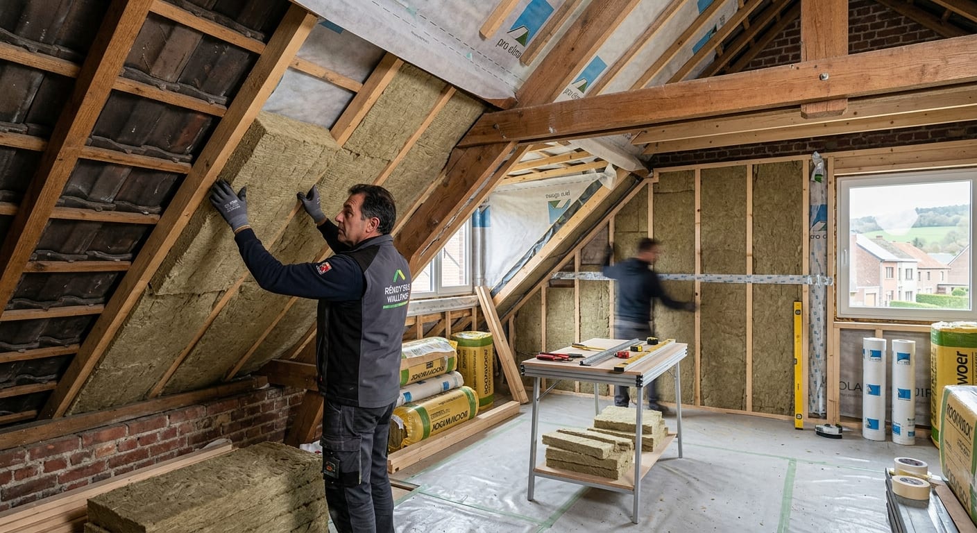 Chantier d'isolation thermique soigné pour une toiture et un mur intérieur d'une maison en Wallonie